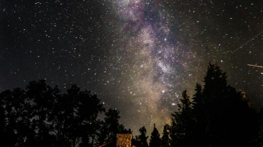 illuminated house beside trees under a starry sky