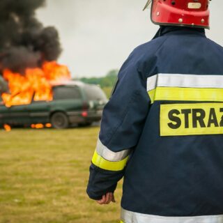 fireman watching flaming vehicle