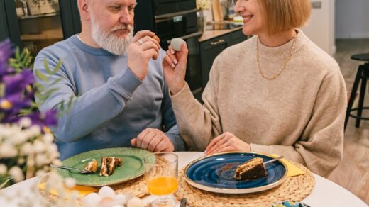 elderly couple having a homemade dinner